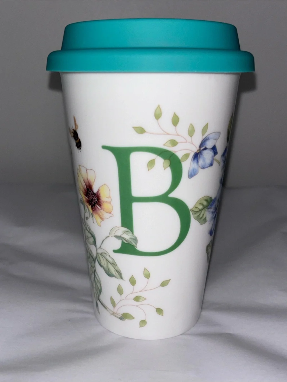 Lenox Butterfly Meadow monogram B ceramic travel tumbler mug w/ lid 12 oz EUC
